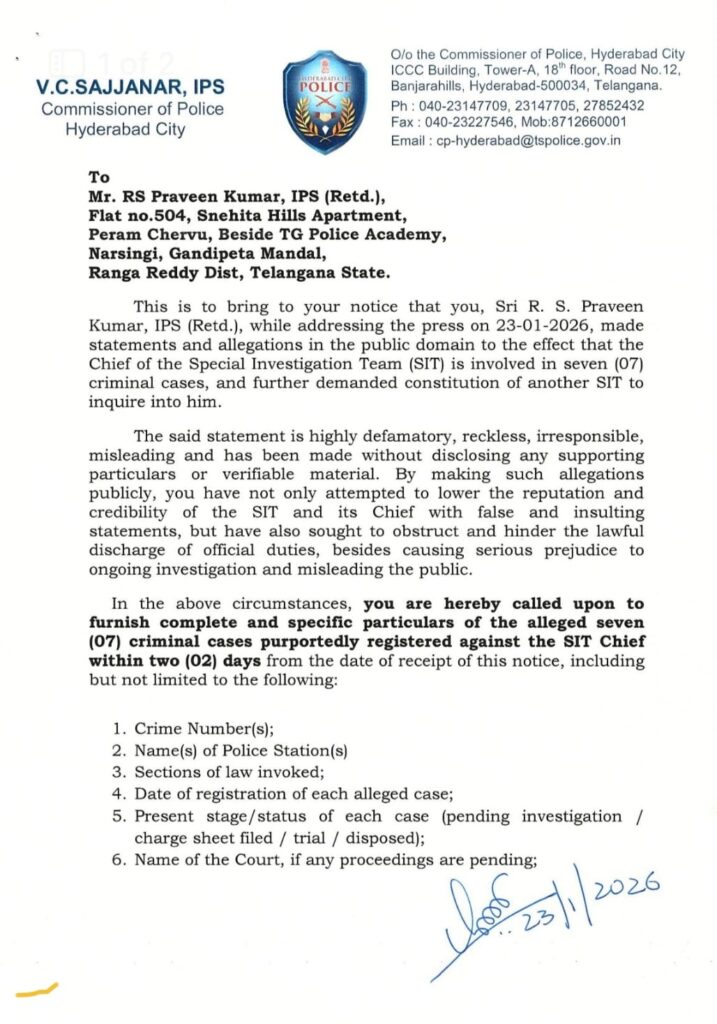 SAJJANAR NOTICES TO RS PRAVEN KUMAR