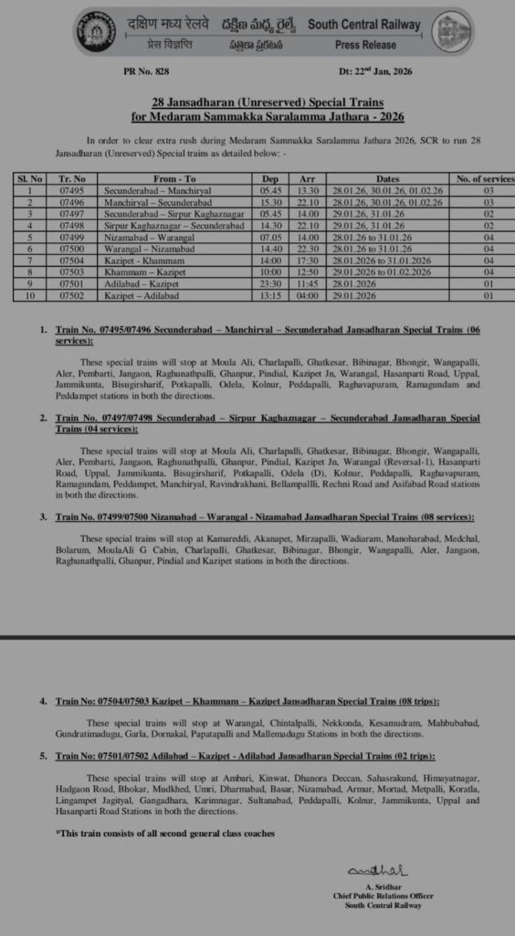 SOUTH CENTRAL RAILWAY SPECIAL TRAINS