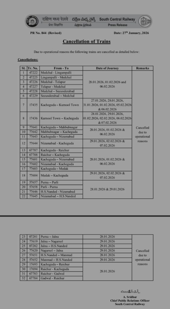 SOUTH CENTRAL RAILWAY CANCELLED SOME TRAINS FROM TOMORROW TO 6TH FEBRUARY