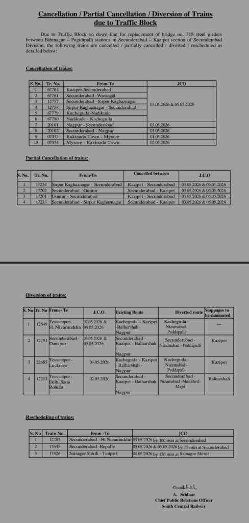 SOUTH CENTRAL PRESS NOTE CANCELLATION OF TRAINS