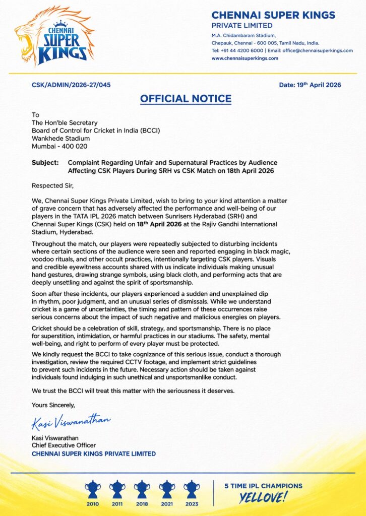 CSK LETTER TO BCCI  ON SRH VS CSK MATCH IN HYDERABAD 